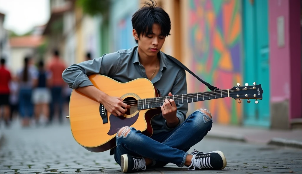 Full photo body sight, Asian guy 16 year old, black neat messy hair, wearing shirt, ripped jeans pants and nike running shoes, playing guitar in a city, TAGS: handsome guy, playing the guitar, tourists, music, Street artist, lively atmosphere, Ruas movimentadas, swirly vibrant colors, street art, cultural experience