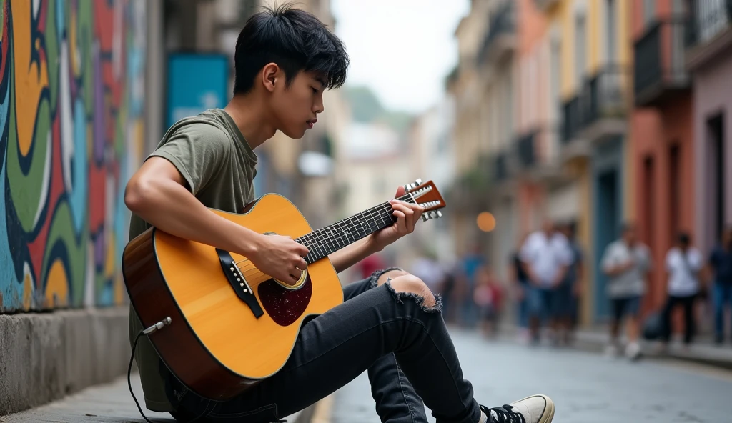 Full photo body sight, Asian guy 16 year old, black neat messy hair, wearing shirt, ripped jeans pants and nike running shoes, playing guitar in a city, TAGS: handsome guy, playing the guitar, tourists, music, Street artist, lively atmosphere, Ruas movimentadas, swirly vibrant colors, street art, cultural experience