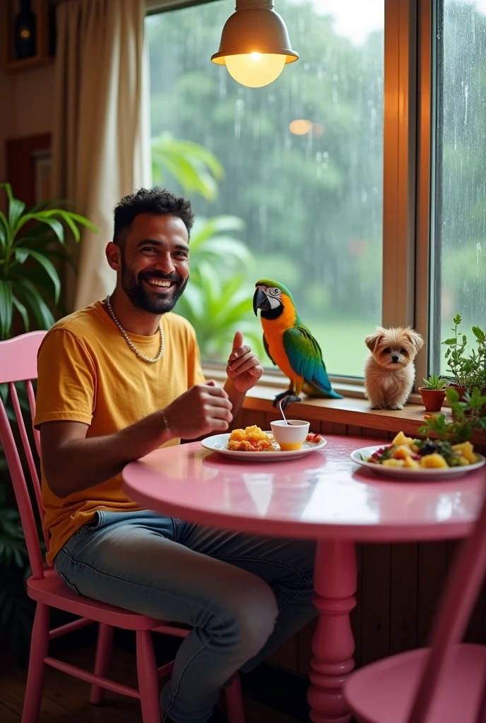 Man eating food in the pink table with a parrot beside it and show raining outside also add dog inside the room