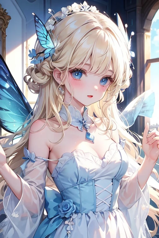 A blue-eyed blonde with cute curls and blue wings that transition into the color of a butterfly