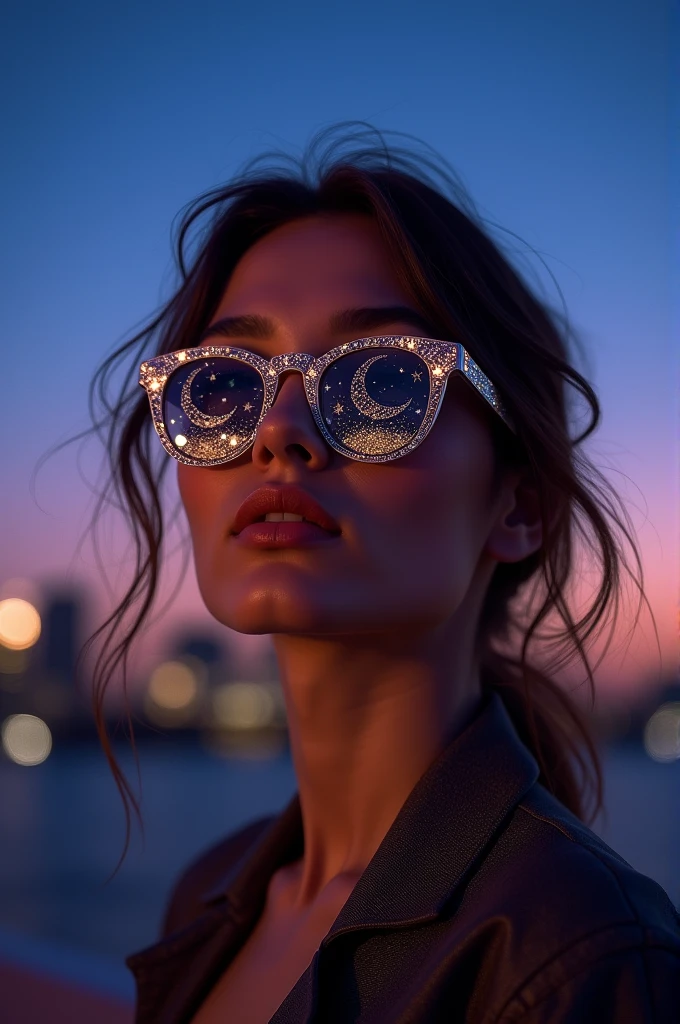 The model is wearing glass sunglasses with stars and the moon on the glass