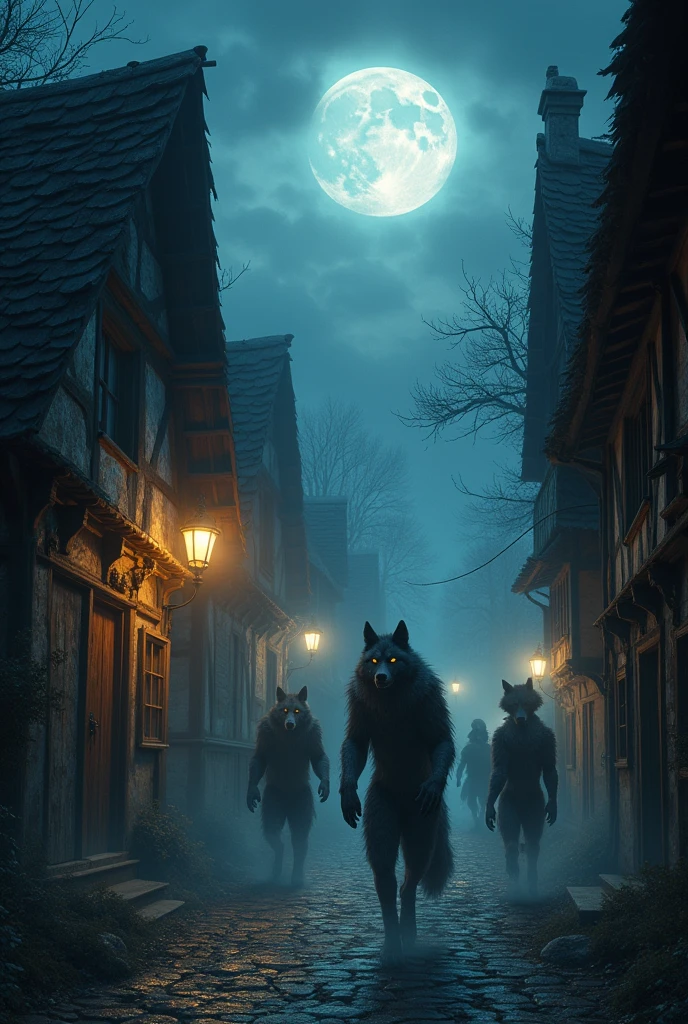 show a seven scary werewolves image in village with the villagers, but the werewolf don't too bigger