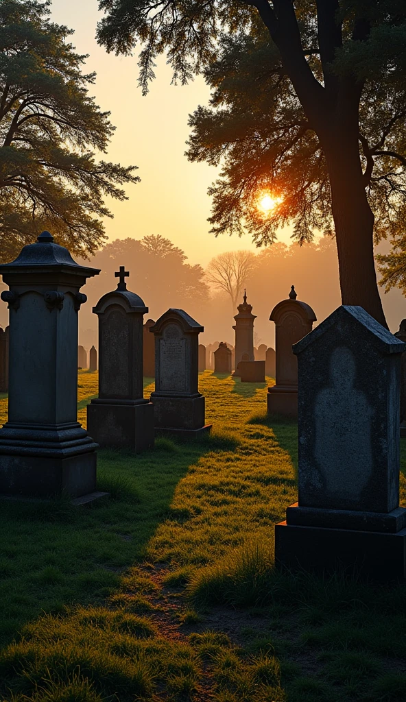 clearing! Here is a prompt to create an image of a cemetery:
"A cemetery scene at dusk, with a soft orange sky in the background. The cemetery is peaceful and serene, with old, well-preserved stone tombstones, some moss-covered. There are a number of tall, leafy trees around, its shadows cast upon the ground. The soft light of twilight gently illuminates the tombstones, creating a calm and respectful atmosphere. The scene conveys a sense of peace and reflection."