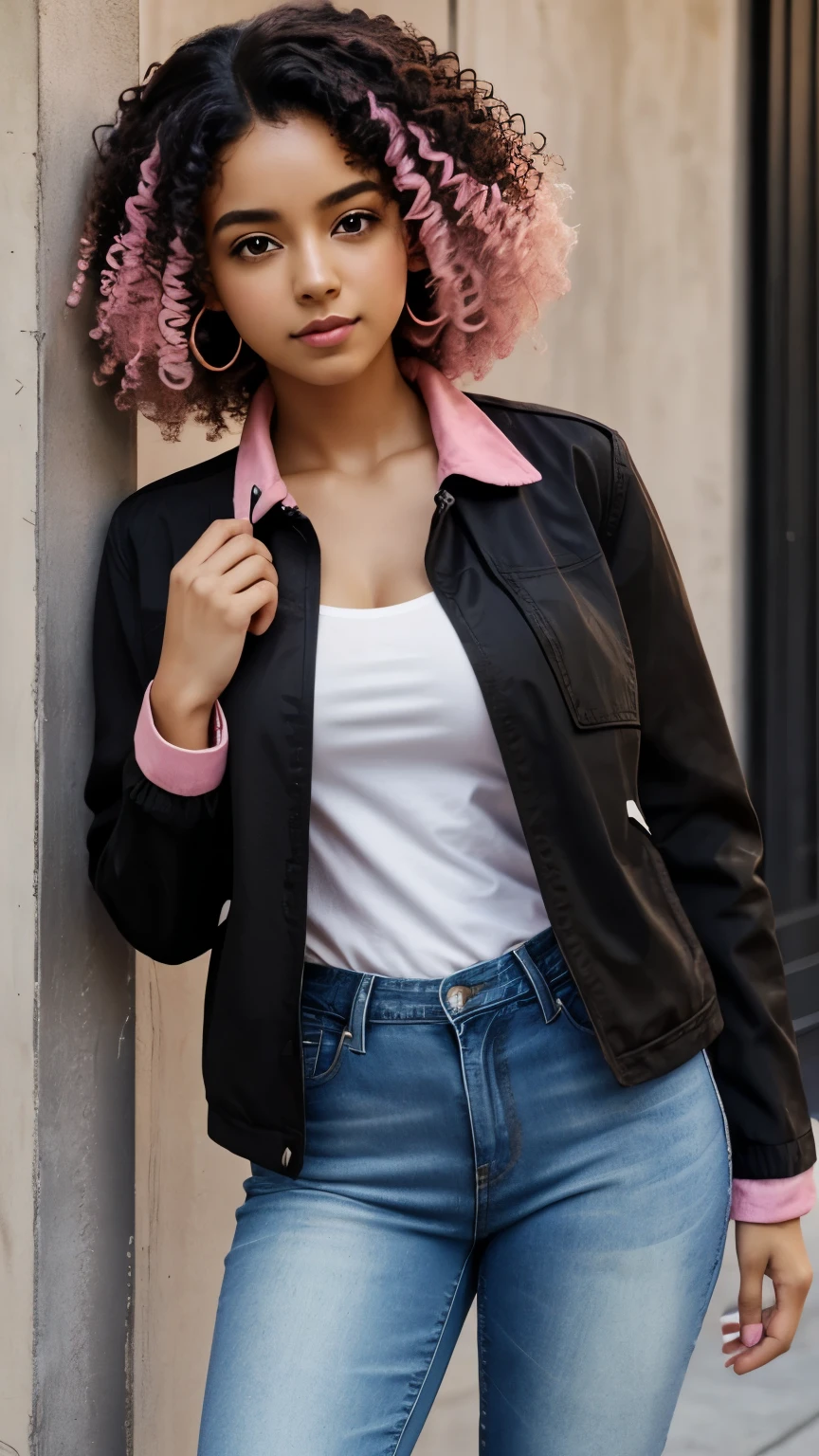 1 person, Brown Skin, (masterpiece), Curly Hair, Small breasts, Black Hair, Pink Eyes, Black jacket, White shirt, jeans, Anime, Latina, Pink Hair