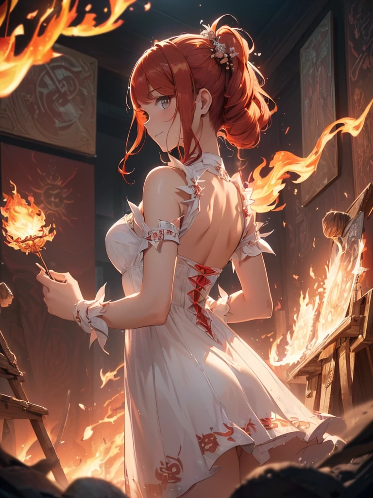 (((best quality, sharp image, clear image, cinematic lighting, 8k resolution, masterpiece, ultra detailed, intricate))) Girl, (((looking over left shoulder))), (shot from behind), ((half shot)), fiery red hair, pigtails, ((white dress)), ((flaming sigils, flaming runes)), spiky rock formations, (flaming lotus flowers frame), (intricate background), ((Phoenix)), (swirling flames), smiling