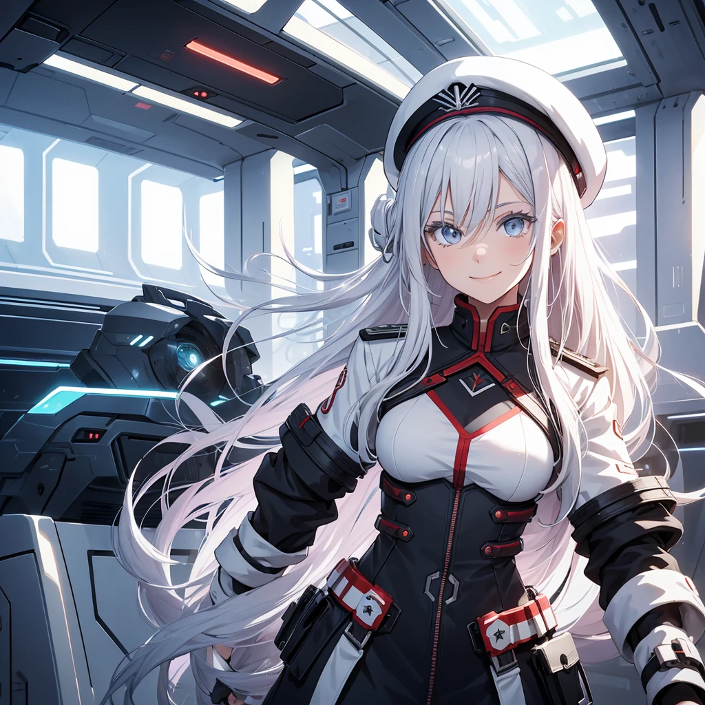 Draw a smiling girl in a futuristic spaceship setting. Her hair is white with a scarlet strand in it. She should look like Vladlena Milize from the anime 86. Black military clothing and beret.