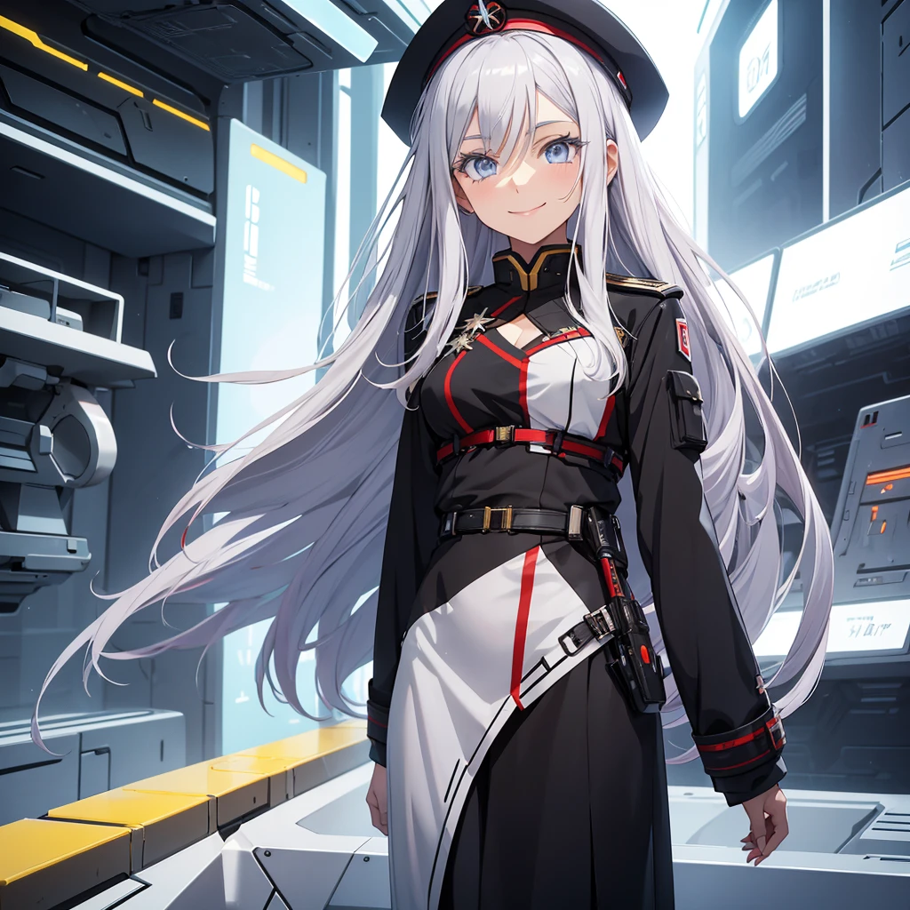 Draw a smiling girl in a futuristic spaceship setting. Her hair is white with a scarlet strand in it. She should look like Vladlena Milize from the anime 86. Black military clothing and beret.