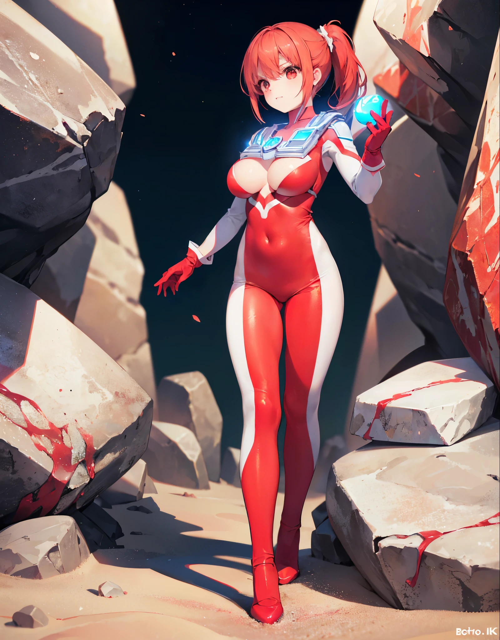 (Close-up:1.2),Realistic,Highest quality, Ultra Detail, High-quality CG rendering, The most delicate and beautiful, Floating softly, High resolution, (One huge person), (Highest quality,4K,8k,masterpiece:1.2),(All red hair:1.5), (ponytail:1.5),(Red eyes:1.5), (Ultra Girl:1.0), (All red Ultraman bodysuit:1.4),(Do not expose your skin:1.6),(Slightly larger breasts:1.5),(Red gloves:1.3),(Red Shoes:1.3),(whole body:1.3),(Are standing:1.3),(Plain surrounded by rocks:1.3),(Brown sandy ground:1.3),