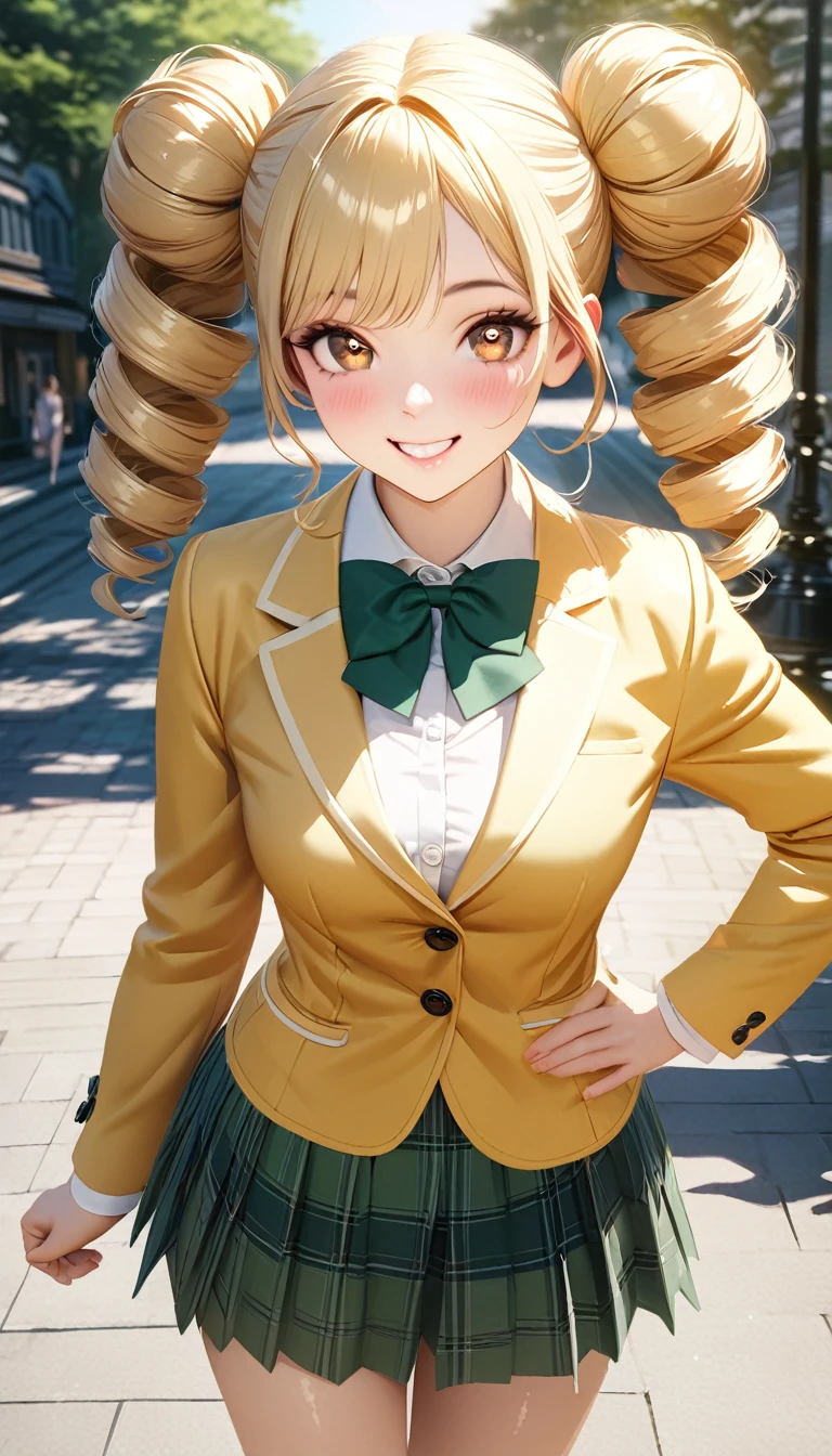 (masterpiece,ultra-detailed,best quality,8K,CG,realistic,illustration:1.2),(perfect-composition,detailed beautiful face,Clean skin,photographical skin,shiny skin,shiny hair, photographical hair,ultra detailed eyes,shaved,kawaii,uncensored:1.1),smile,long hair,twin tail, 1girl, solo, long hair, blonde hair, double bun, drill hair, brown eyes,winter school uniform, green bowtie, white shirt, yellow blazer, buttoned blazer,plaid skirt, green skirt,knee socks,loafers,from above,smile,blushing,standing put hand on hip,outdoor,sunshine