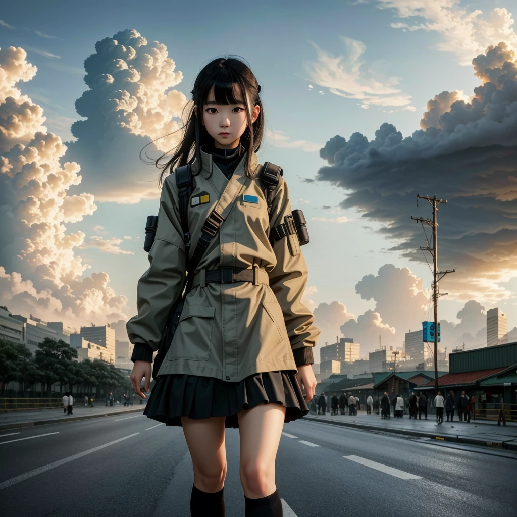Surreal, masterpiece, highly detailed, sci-fi, dystopia, (beautiful eyes), (bangs), black hair, young Japanese beauty, detailed face, detailed skin, baggy clothes, high socks, skirt, cyber Punk, soft light, subsurface scattering, ((skyline)), cumulonimbus clouds, busy streets, pollution, dust.