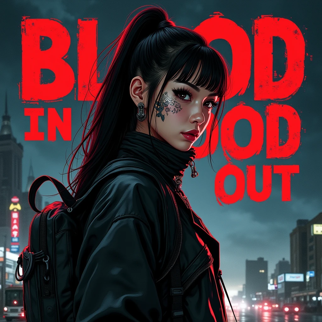 Asian Girl Rapper, face_tattoos, side view, action, cartoon, Album cover, "BLOOD IN BLOOD OUT", Letters say BLOOD IN BLOOD OUT, Album Cover, dark, sturmhaube, comic style, gangster, tech wear outfit, dynamic