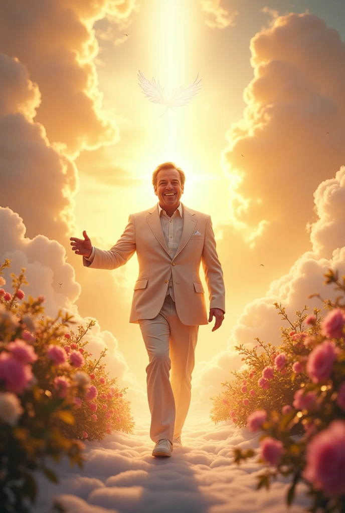 create an image of Silvio Santos arriving in heaven and being received by JESUS