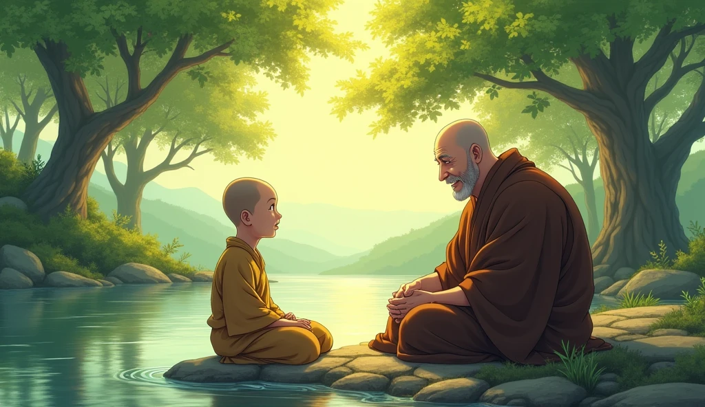 Young monk master talking to his wisdomfull fat monk master, beside river bank, trees, beautiful scenario, in anime style,