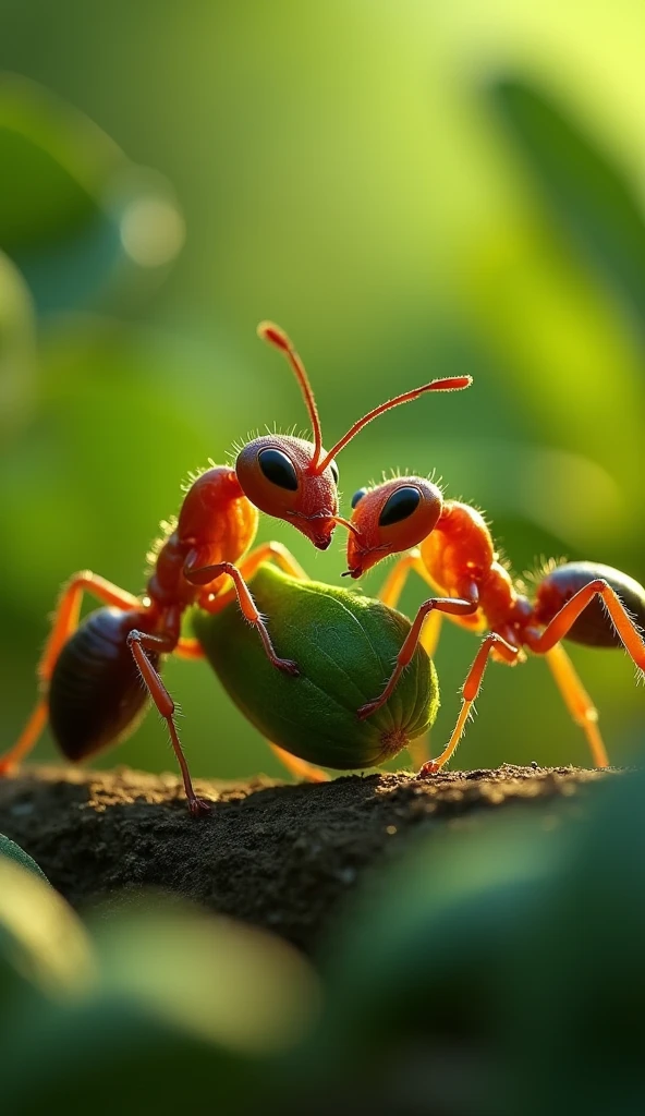 a struggling ant and grasshopper carrying a heavy leaf, close-up detailed view, intricate textures, warm lighting, lush green environment, sense of movement and effort, photorealistic, cinematic composition, vibrant colors, 8K, (best quality,4k,8k,highres,masterpiece:1.2),ultra-detailed,(realistic,photorealistic,photo-realistic:1.37)