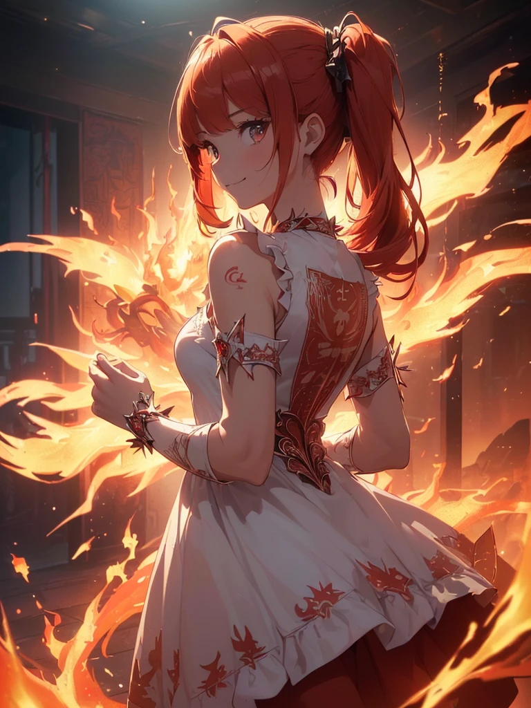 (((best quality, sharp image, clear image, cinematic lighting, 8k resolution, masterpiece, ultra detailed, intricate))) Girl, (((looking over left shoulder))), (shot from behind), ((half shot)), fiery red hair, pigtails, ((white dress)), ((flaming sigils, flaming runes)), spiky rock formations, (flaming lotus flowers frame), (intricate background), ((Phoenix)), (swirling flames), smiling