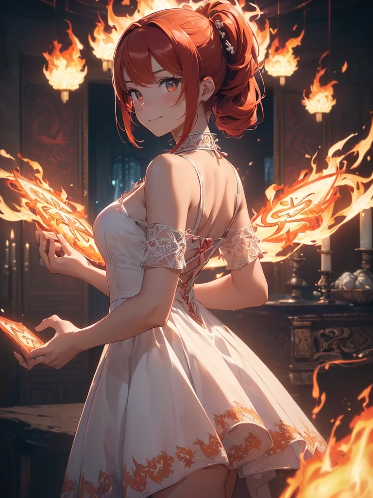 (((best quality, sharp image, clear image, cinematic lighting, 8k resolution, masterpiece, ultra detailed, intricate))) Girl, (((looking over left shoulder))), (shot from behind), ((half shot)), fiery red hair, pigtails, ((white dress)), ((flaming sigils, flaming runes)), spiky rock formations, (flaming lotus flowers frame), (intricate background), ((Phoenix)), (swirling flames), smiling