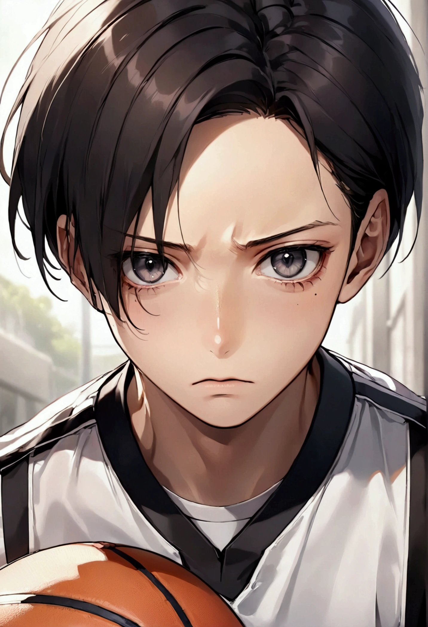 Create, Levi Ackerman from Attack on Titan, a detailed image of a handsome, cute with dark gray eyes and black circles underneath, a face that looks youthful and appears sullen or expressionless, with sleek, black, soft hair in a basketball uniform. Make him look like Levi Ackerman.