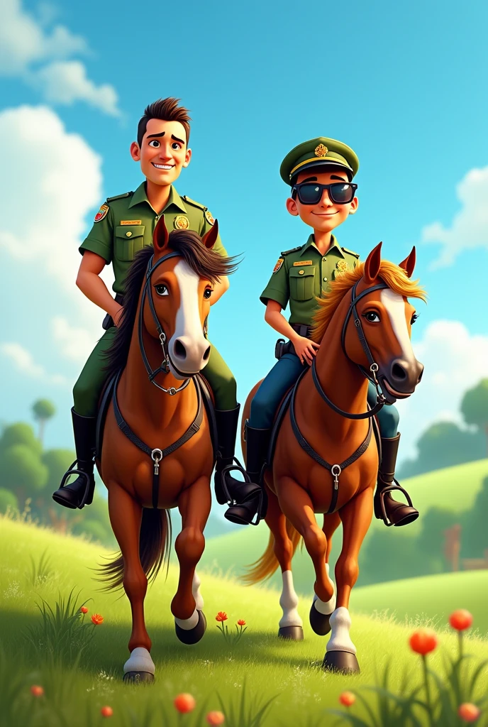 Two military police officers from Paraná on horses in a Pixar-style drawing