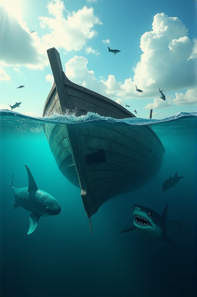 A boat with a hole in the side in the middle of the sea surrounded by sharks