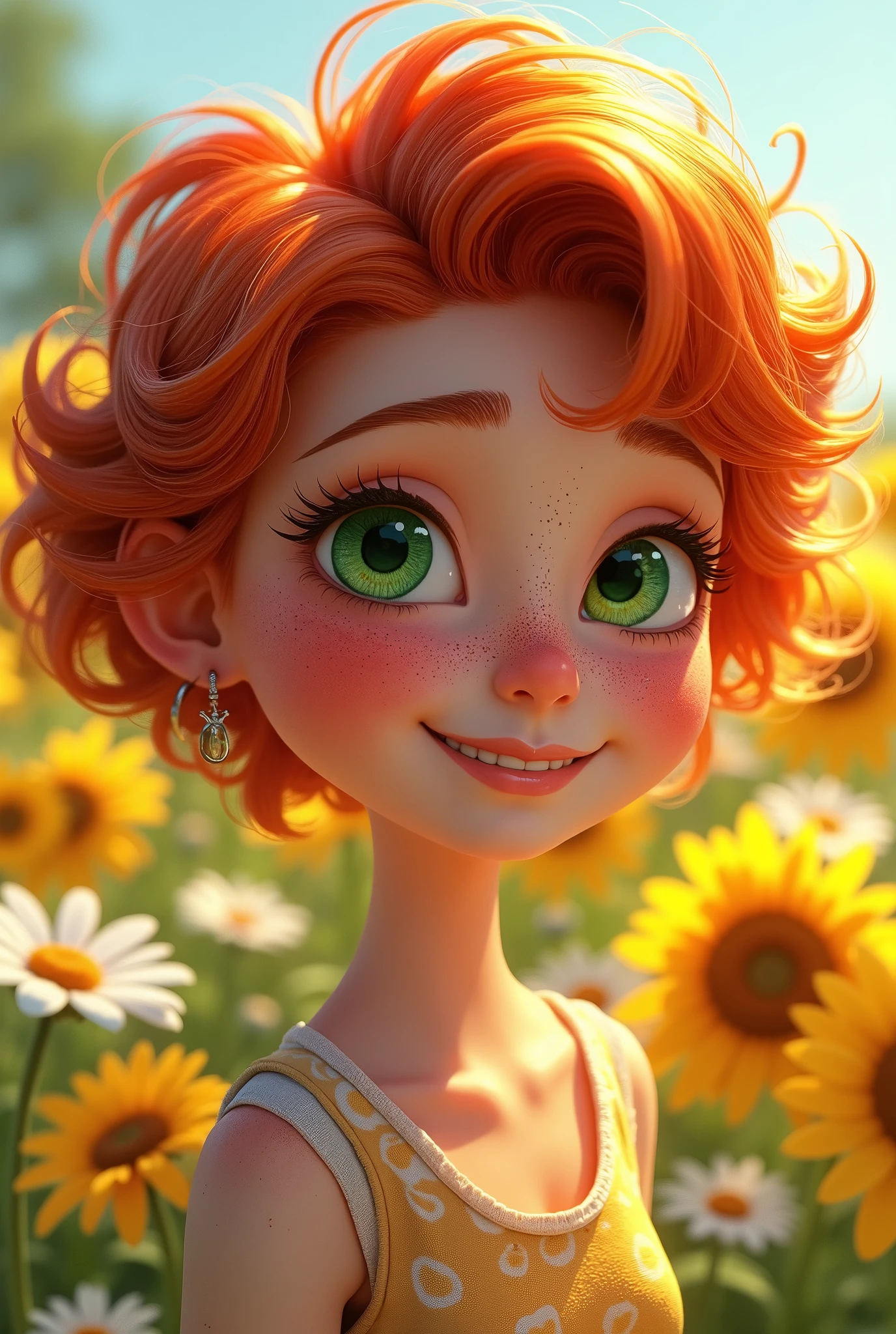 A short-haired redhead, with freckles, emerald green eyes, cheerful and with a mole on her cheek and another on her neck