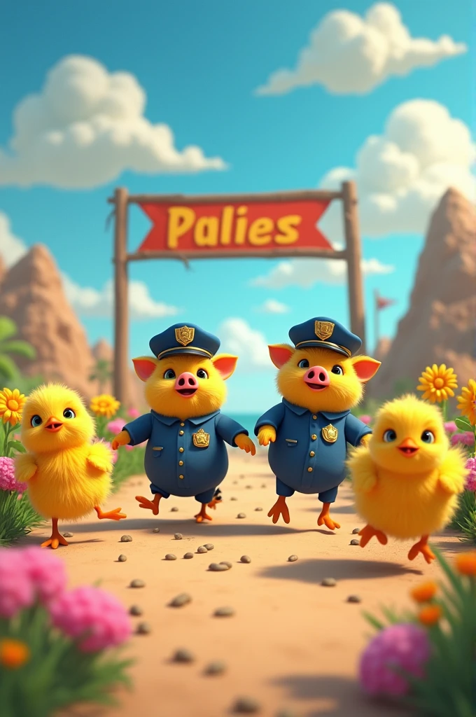 Chicks escaping from pig police at a border