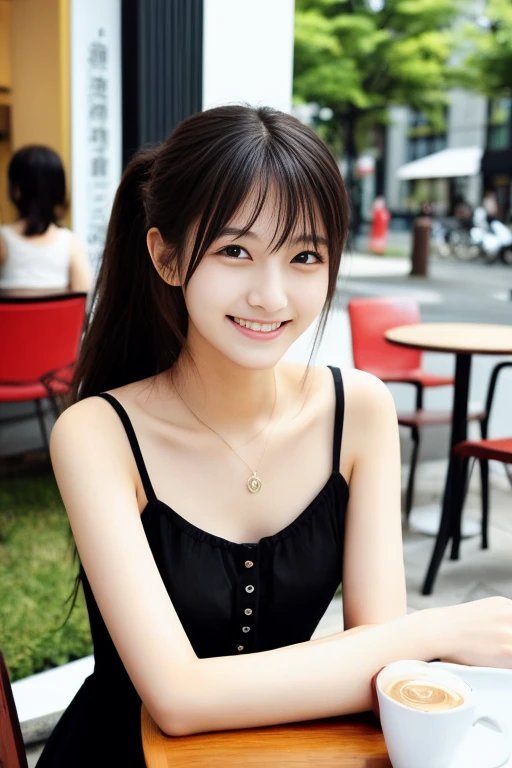 score_9,score_8_up,score_7_up,quality_masterpiece,quality_best,quality_realistic,rating_safe,source_real,
natural lighting,photo,photorealistic,realistic eyes,1 japanese girl,jpn-girl,long hair,((black hair)),Blake, ponytail)),breasts, small breasts,(((creavage))),red eyes,summer dress,smile,cafe,cup,(front view:1.2),table,sitting on chair,face to face,