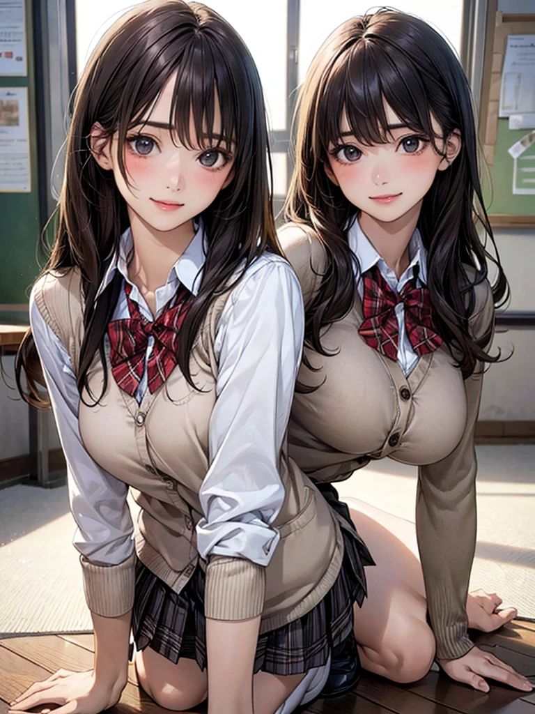 (2ung girls), highly detailed girls, (highly detailed face), extremely detailed CG unified 8k wallpaper, highly detailed, High-definition raw color photos, professional photography, Realistic portrait, Cinematic Light, bangs, (hi-school uniform, pleated mini skirt:1.3), (hi-school uniform with wide open breasts:1.5), See-through sheer panties, (beautiful big breasts:1.2), ((open your legs)), (no panties:1.3), desk, sitting, classroom,