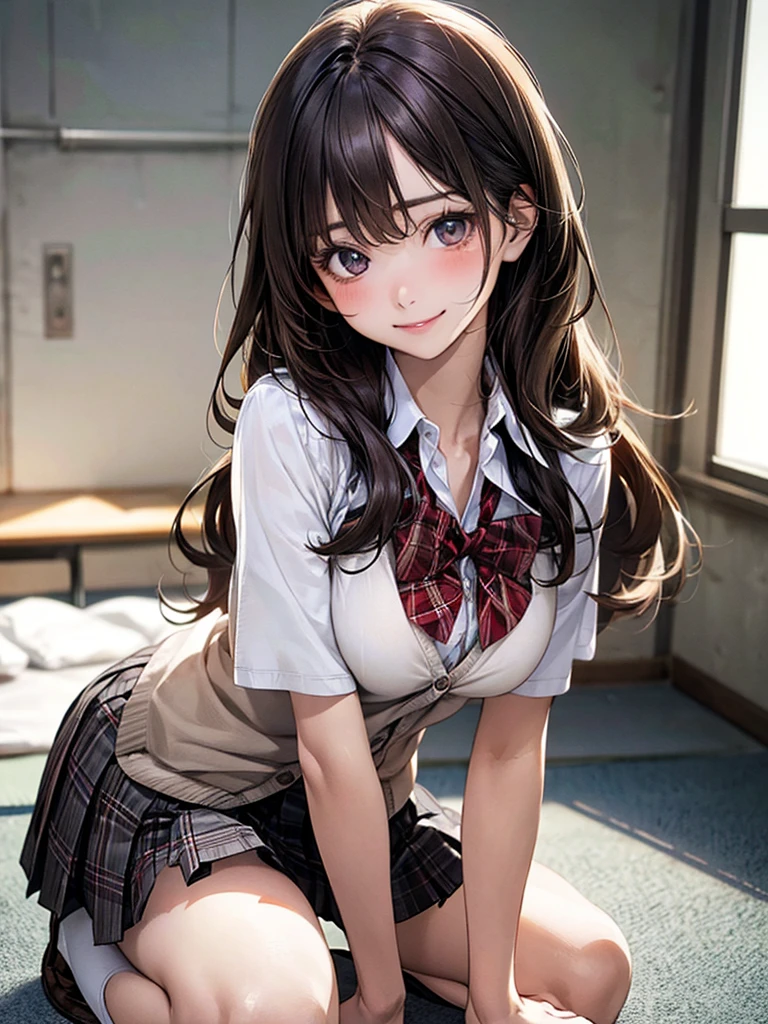 (masterpiece:1.2, top-quality), (realistic, photorealistic:1.4), beautiful illustration,
looking at viewer, full body, front view:0.6,
1 girl, japanese, high school girl, (long hair:1.5), blown hair, bangs, hair between eye, large breasts:1.3, busty, enhance breasts, press breasts together,
beautiful hair, beautiful face, beautiful detailed eyes, beautiful clavicle, beautiful body, beautiful chest, beautiful thigh, beautiful legs, beautiful fingers,
(beautiful scenery), school,
((collared shirt, white shirt, school uniform, light brown cardigan, gray pleated skirt,red plaid bow tie)), white panties,
(all fours, dynamic pose, arms up, hands on boobs),
smile:1.5, naughty face