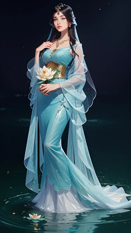 (masterpiece,Highest quality,,8k,High resolution),One female,,Compassionate Mother Kannon,Black Hair,,Wave,,Standing on the surface of the water,,flower,bird,,moon,,jewelry,Holding,Long sleeve,Veil,necklace,Lotus,Long Hair,dress,(whole body),Highly detailed CG,