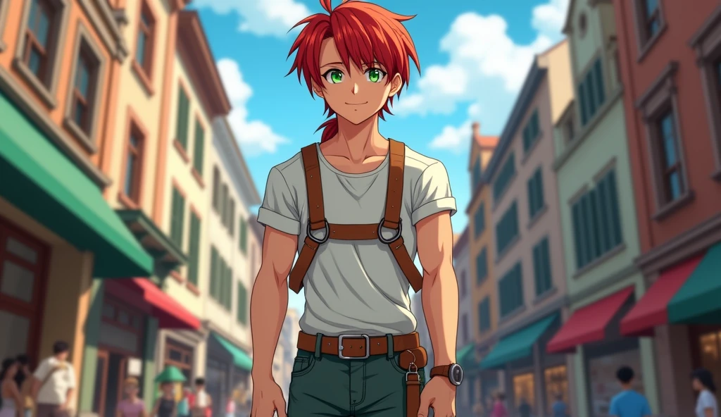 handsome 18 years old 1 boy with red medium hair and lower short ponytail, green eyes, male, muscles, arms up, standing on the European city street, leather harness with o-ring, short pants, beautiful legs, brown leather shoes, smile, masterpiece, 8k, high quality, japanese animation style
