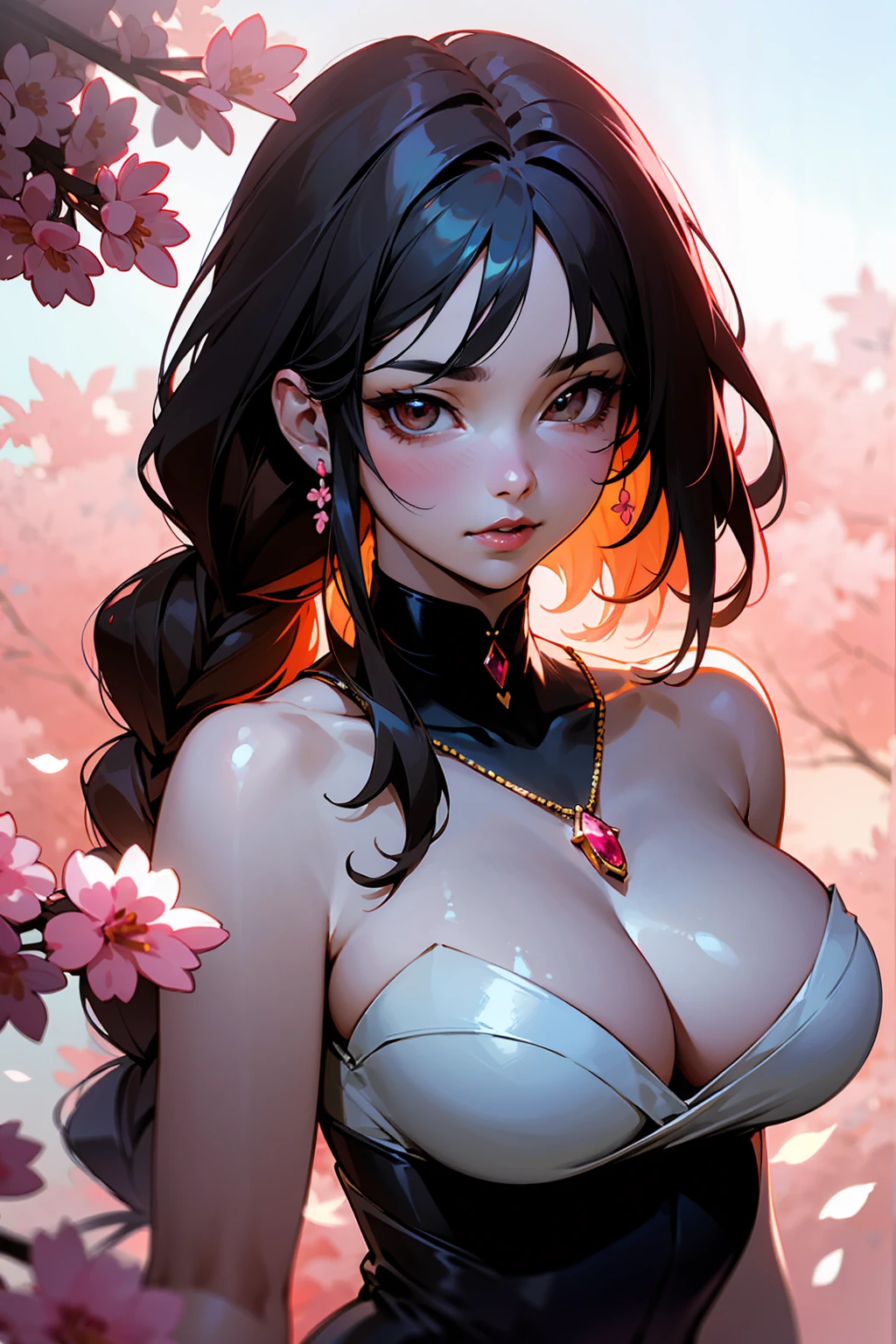 ((best quality))), ((ultra-detailed)), ((an extremely delicate and beautiful)), ((16k)), realistic, hd, cgi, gleaming hair, gleaming skin, Character focus, solo, sharp focus, illustration, game cg, anime, solo, curvy, (big breasts:1.2), white black pink sexy outfit, (belly:0.9), looking at the viewer, accessories, backlighting, shiny skin, shiny body, sakura pink flowers necklace, sakura pink flowers jewellery, long dark black hair, dark brown eyes, long hair red faded into black coloured hair, long hair, red ombre hair, red-black hair, more red hair streaks, soft lighting highlight character's face, soft lighting, deep rosy pink lips, smokey red eyeshadow, long braid, soft lighting highlight character's face, long side braid on the shoulder to waist, a background of sakura pink flowers