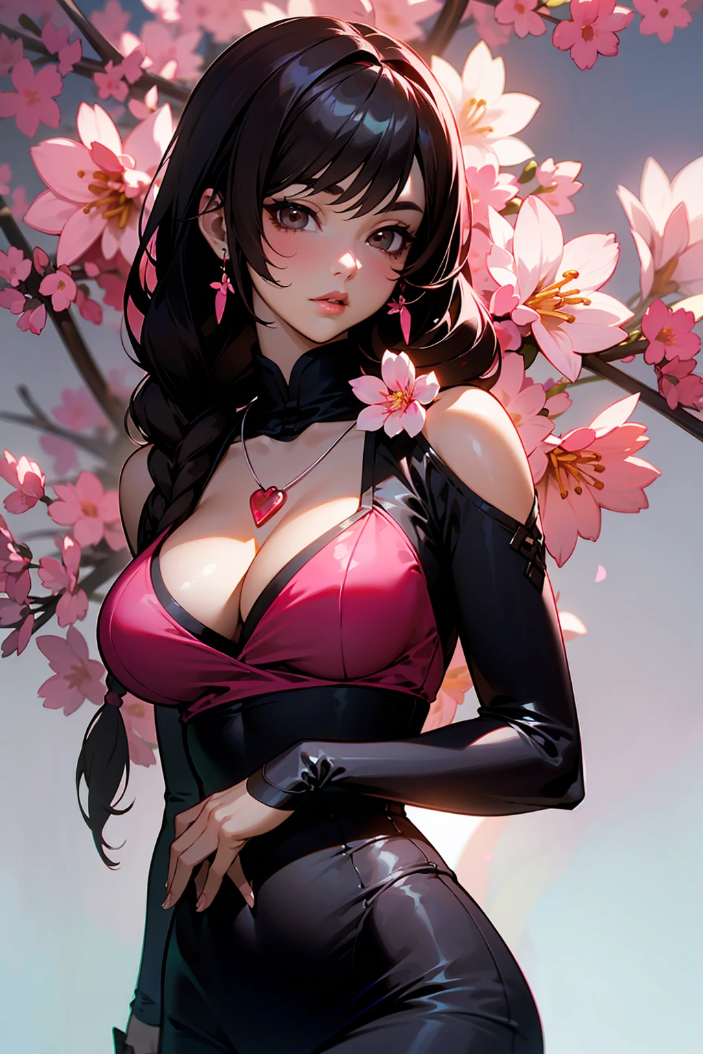 ((best quality))), ((ultra-detailed)), ((an extremely delicate and beautiful)), ((16k)), realistic, hd, cgi, gleaming hair, gleaming skin, Character focus, solo, sharp focus, illustration, game cg, anime, solo, curvy, (big breasts:1.2), white black pink sexy outfit, (belly:0.9), looking at the viewer, accessories, backlighting, shiny skin, shiny body, sakura pink flowers necklace, sakura pink flowers jewellery, long dark black hair, dark brown eyes, long hair red faded into black coloured hair, long hair, red ombre hair, red-black hair, more red hair streaks, soft lighting highlight character's face, soft lighting, deep rosy pink lips, smokey red eyeshadow, long braid, soft lighting highlight character's face, long side braid on the shoulder to waist, a background of sakura pink flowers