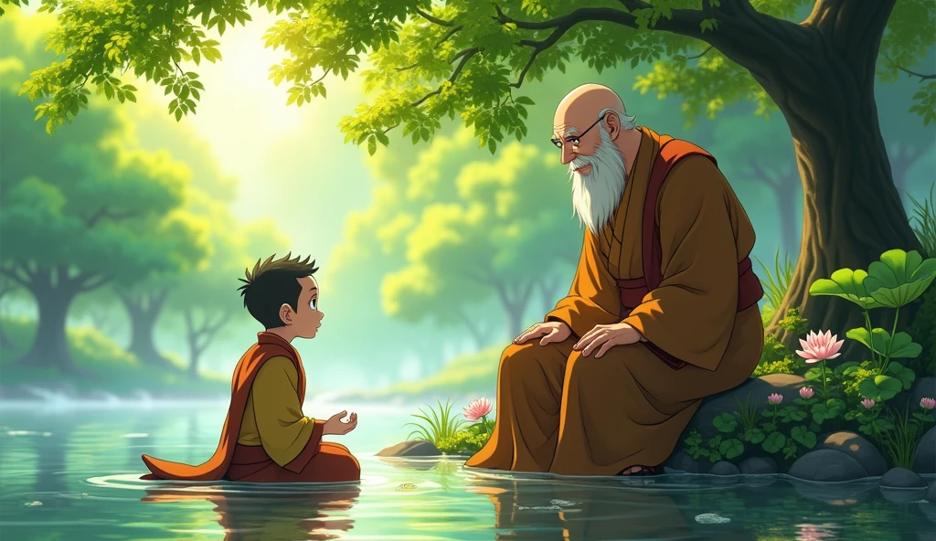 Young monk master talking to his wisdomfull fat monk master, beside river bank, trees, beautiful scenario, in anime style,