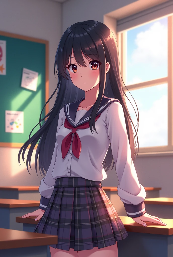 Make a teenage girl with black hair in the classroom.
anime styling