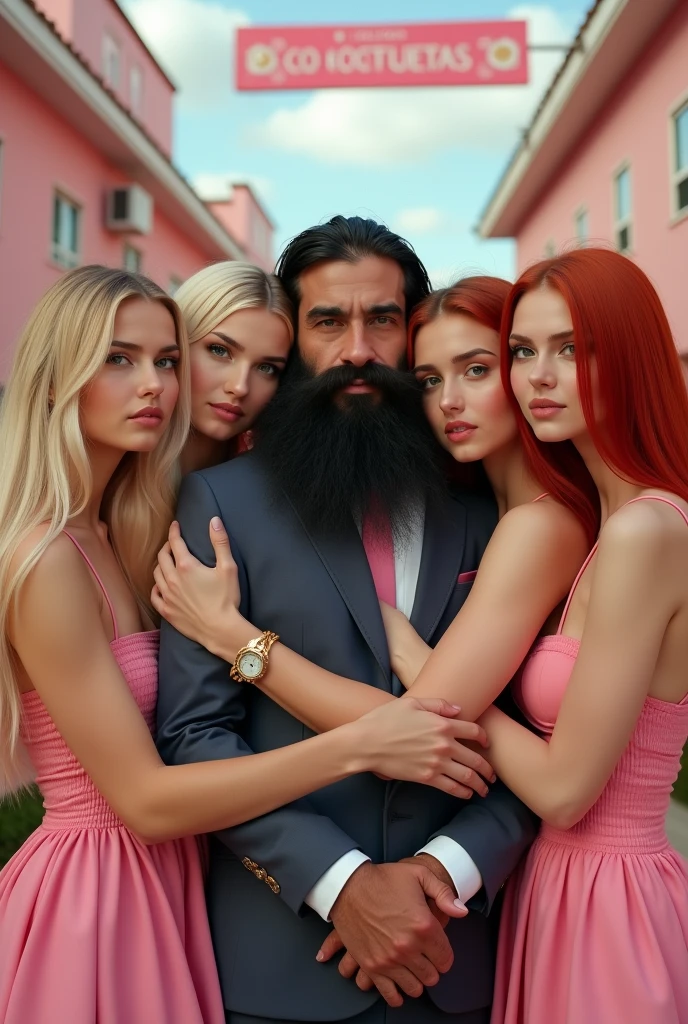 (photorealism:1.2), 4 extremely beautiful hot school girls, wearing super sexy lingering, voluptuous sexy big rounded breasts, Pretty perfect faces like kendall jenner and Margot Robbie and young Jennifer Connelly and young Brooke Shields, blonde and redhead straight hair, light skin, All hugging an very ugly fat man with long black untrimmed beard, long black hair, in black underwear, His open mouth with sexual pleasure expression on his face, moaning and screaming with extreme pleasure, in Pink school inside yard, a sign "Colegio Coquetas on the back"
realistic, intricate details