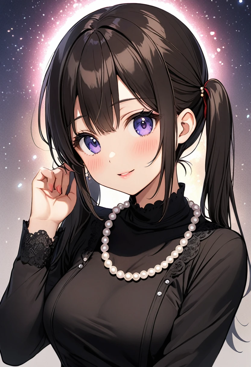 Japan 30-year-old women、Black long-sleeved dress，Pearl Necklace、Twin tails