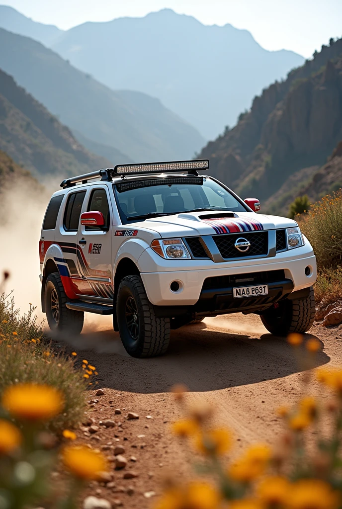 A white 2005 Pathfinder R51 4x4 with stripes on the sides and dark windows and racing decorations
