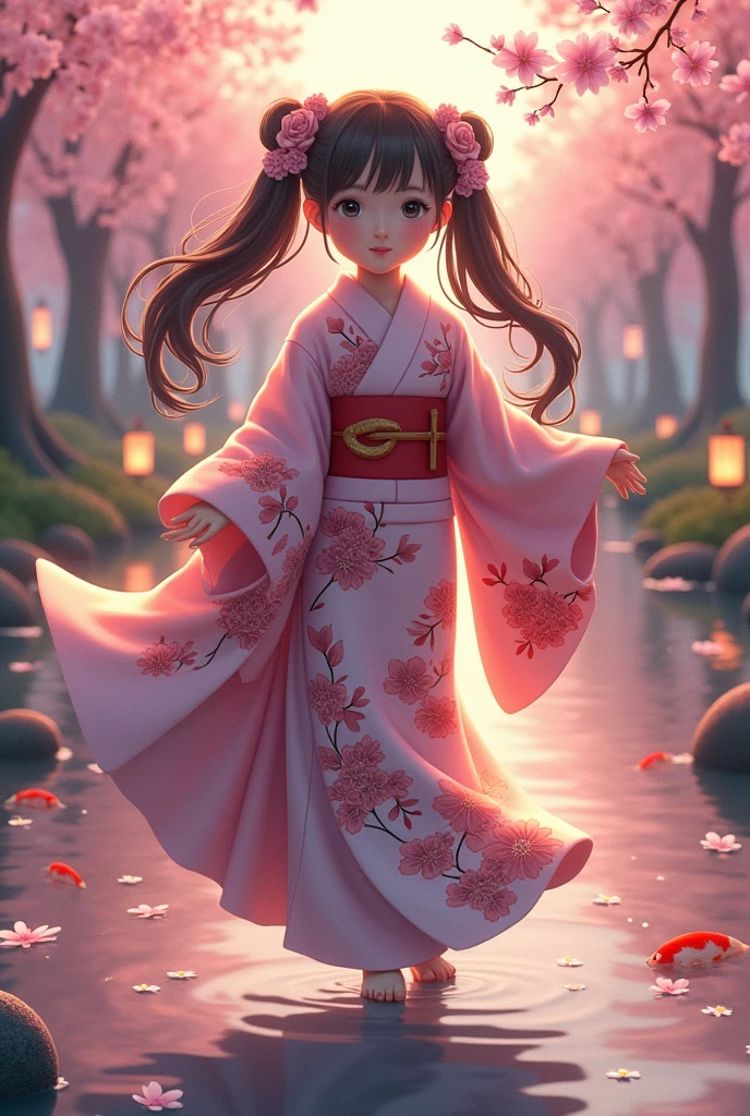 Beautiful girl in a kimono with twin tails
