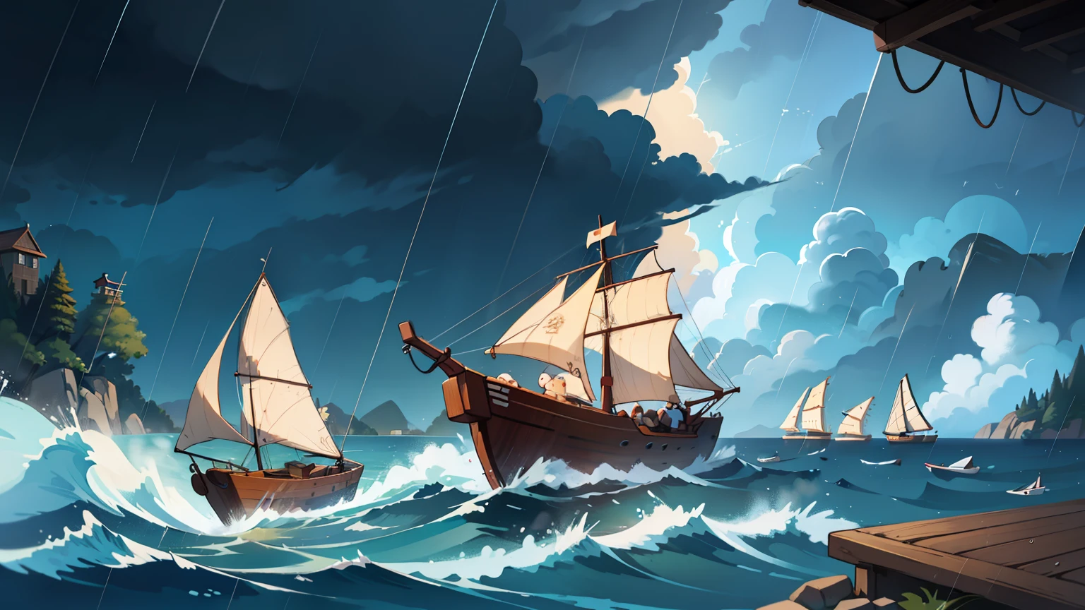 Scenes, landscape,((Small sailboats:1))在storm中航行,storm,spray,Rainfall,rain