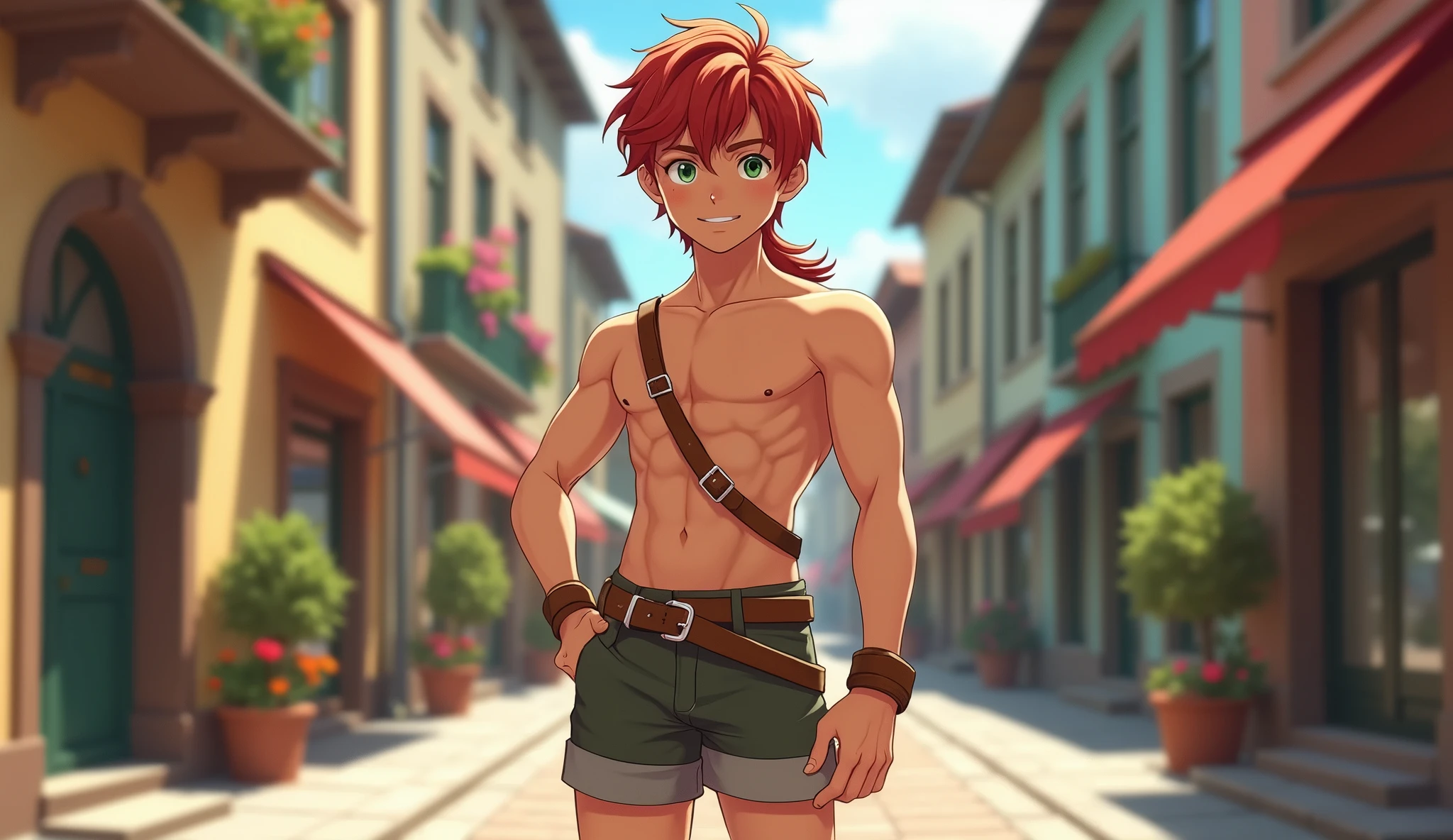 handsome 18 years old 1 boy with red medium hair and lower short ponytail, green eyes, male, muscles, standing on the European city street, leather harness and black jockstrap, beautiful legs, brown leather shoes, smile, masterpiece, 8k, high quality, japanese animation style