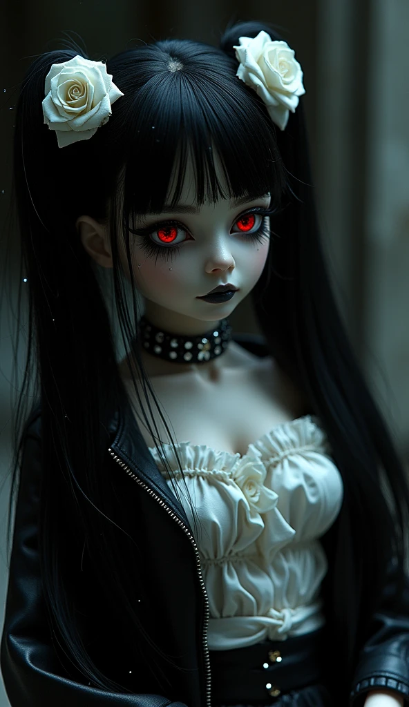 1porcelain doll, low long twintails with white rose, black hair, detailed face, ((lifeless)), plain white skin, plain red eyes, long eyelashes, (gaze down), black eye liner, white face makeup, gray lipstick, black leather jacket, detailed jacket, white blouse, choker, (white ornate), (dark horror theme), cold lighting, white lighting, (dust), (tilt head), (sitting in dark alley), porcelain doll, (masterpiece:1.2), super detailed, best quality