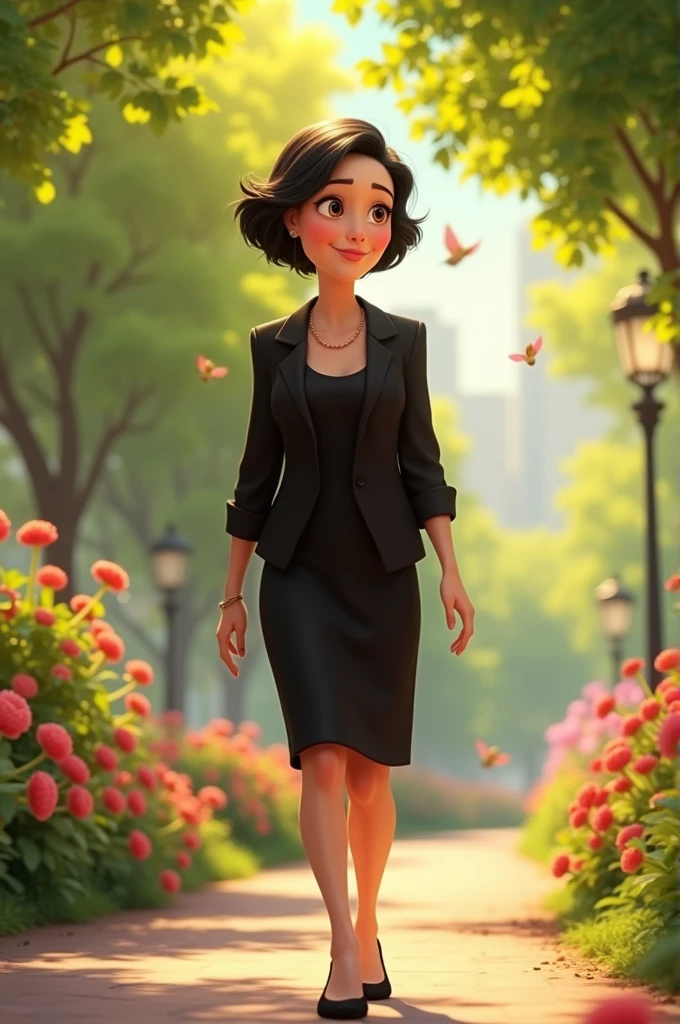 Create a Disney Pixar style woman, 79 years old, with short black hair, brown eyes, few wrinkles on her face, wearing a black blazer with a black dress and medium-heeled shoes, slightly overweight. 