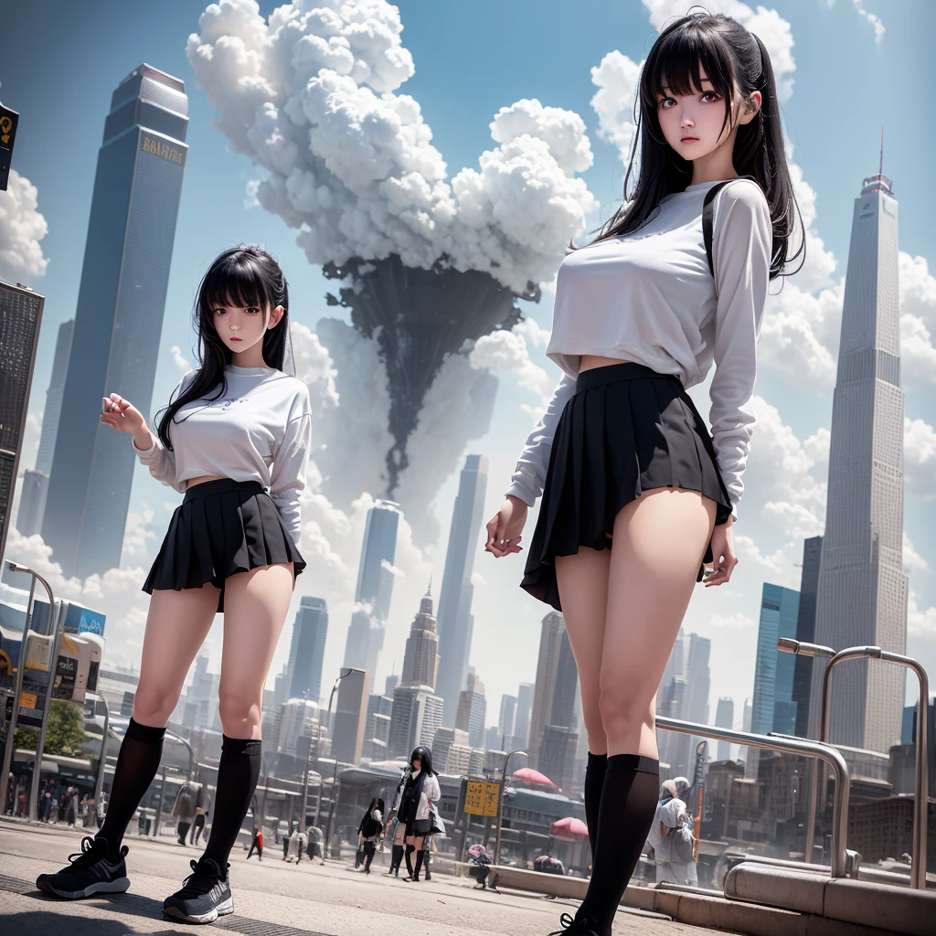 Surreal, masterpiece, highly detailed, sci-fi, dystopia, (beautiful eyes), (bangs), black hair, Japanese young beauty, detailed face, detailed skin, baggy clothes, high socks, skirt, pastel Light, underground scattering, ((skyline)), cumulonimbus clouds, busy streets, pollution, dust.