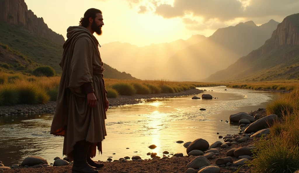 biblical era With dawn breaking on the horizon, Jacob, with his clothes torn, crossed the Jabbok River.,