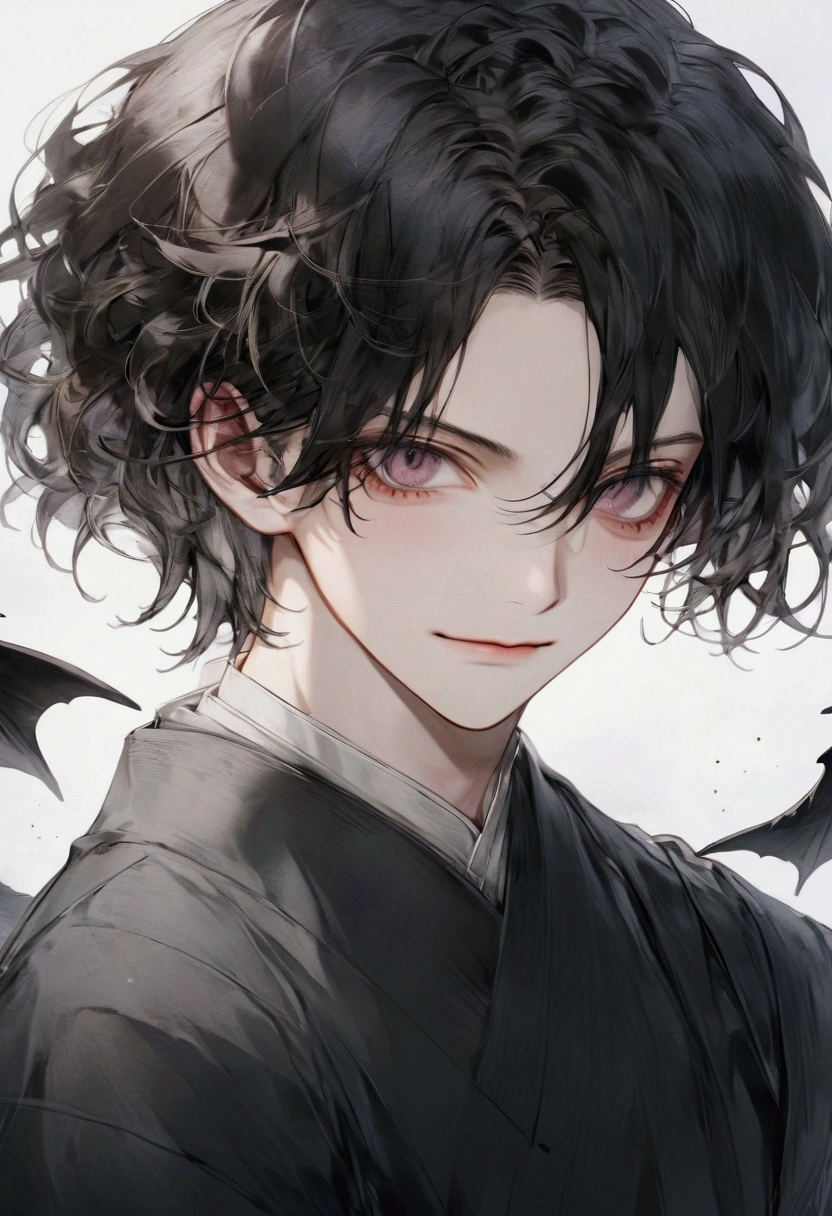Create, Levi Ackerman, a detailed image of a handsome, gentle young boy with dark gray eyes with black circles under them, a face that looks youthful and appears frowning or expressionless, with sleek, very soft black hair. The demon Kibutsuji Muzan should be standing beside him, with pale skin, black curly hair and crimson eyes, smiling at him. Make them look like brothers.