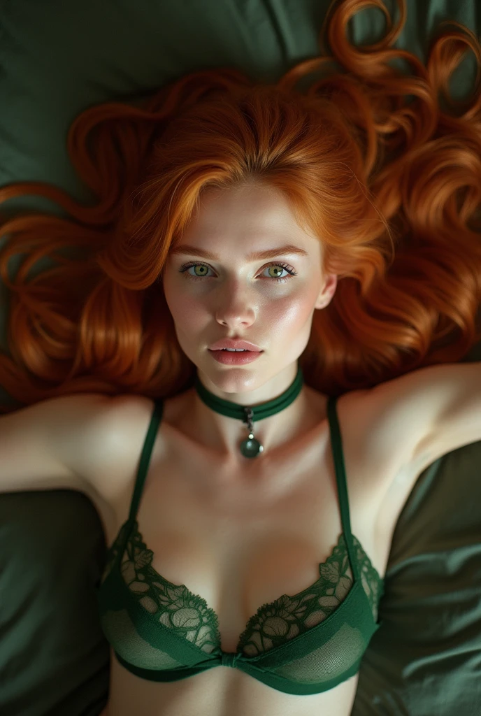 28 year old red head ginger girl, laying on a bed with her head on a pillow, slender, pale white skin, green eyes, camera man having a above view of her face, looking at the camera with a orgasmic look, green choker, green garter set