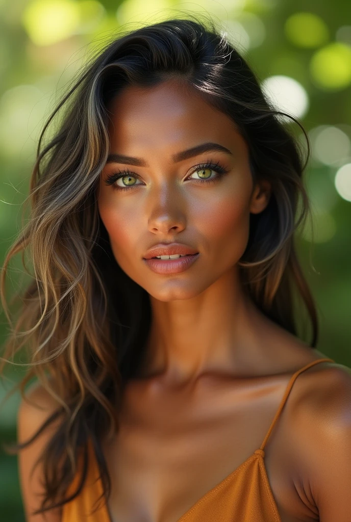 Woman with exotic features, wearing minimal makeup, green almond-shaped eyes, hair with some gray, tanned skin, medium-sized lips, younger, darker hair color