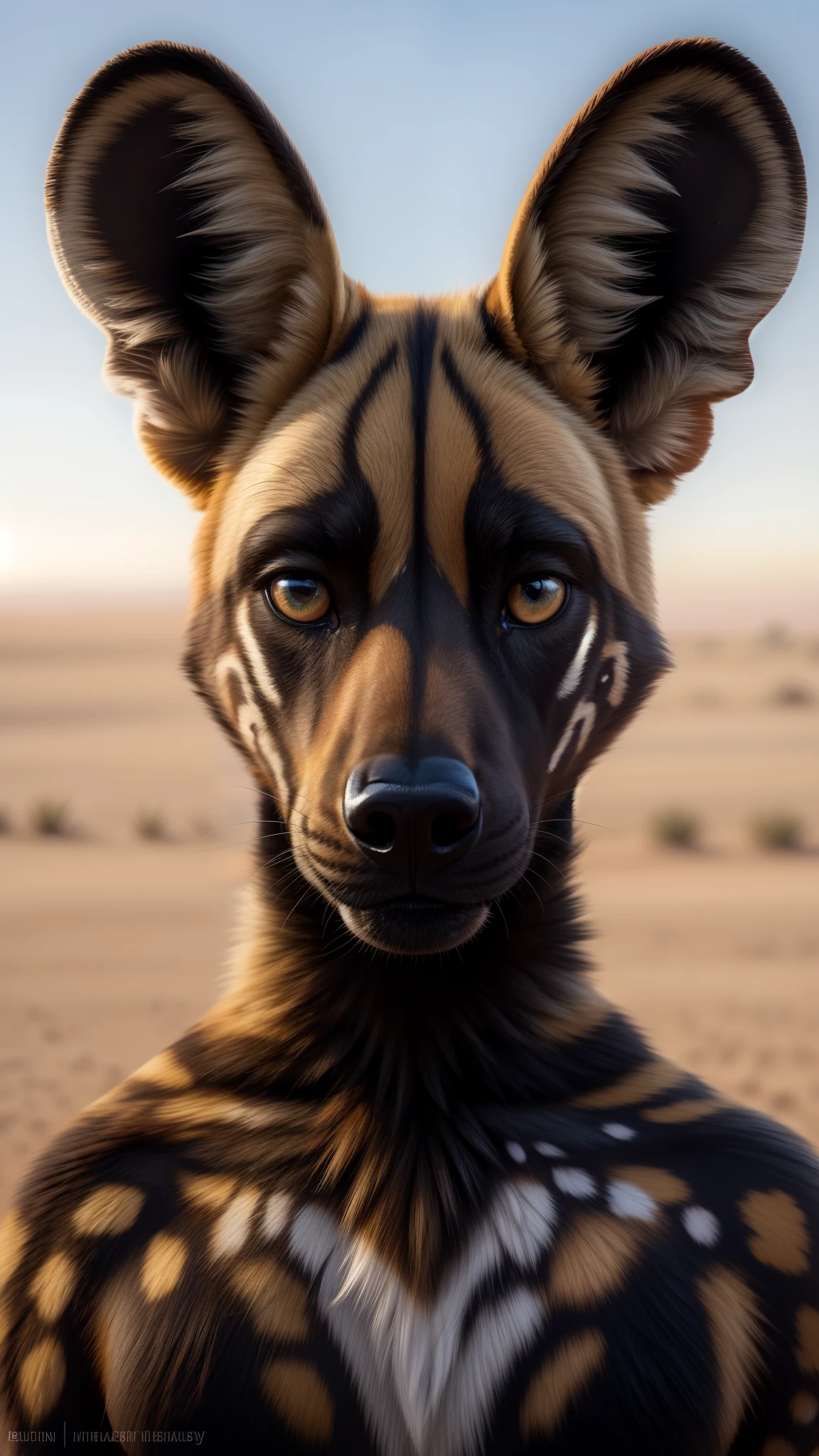 White African wild dog looking at camera, South Africa background,