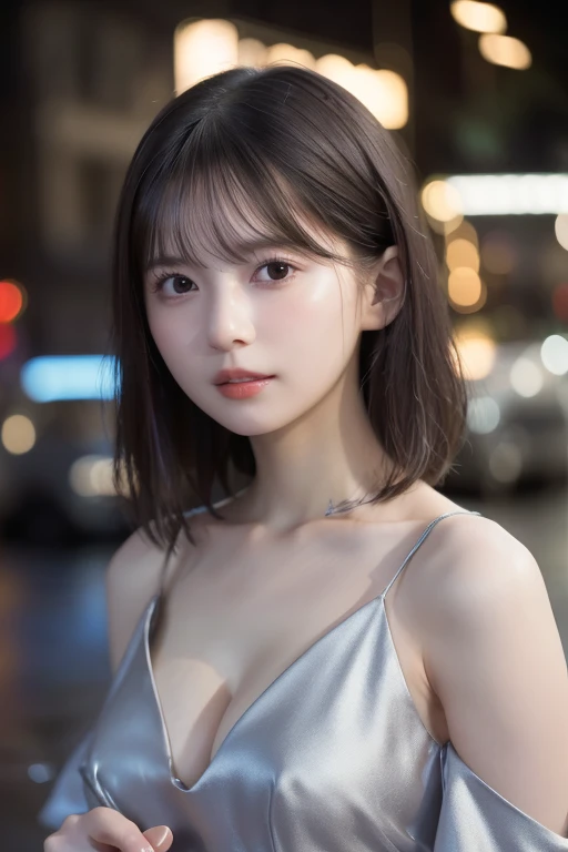 Random Pause, Mix 4, (8k, RAW Photos, highest quality, masterpiece: 1.45), (Realistic, photoRealistic: 1.37), one girl, , cute, Cityscape, night, rain, Wet, Professional Lighting, Photon Mapping, Radio City, Physically Based Rendering, Gradient black hair, Gray Hair, Short Curly Hair, good looking, girl, Deep V-neckline slip dress, Pale skin, best quality photos, High resolution, 1080P, (Clear Face), (Detailed face description), (Detailed hand description), (masterpiece), (Exquisite CGI), Extreme light and shadow, Disheveled Hair, Masterwork, Rich details, (Beautiful Faces), (best quality photos), (masterpiece), (Fine grain), Look in front of you, Thin clavicle, (Large Breasts:1.4),