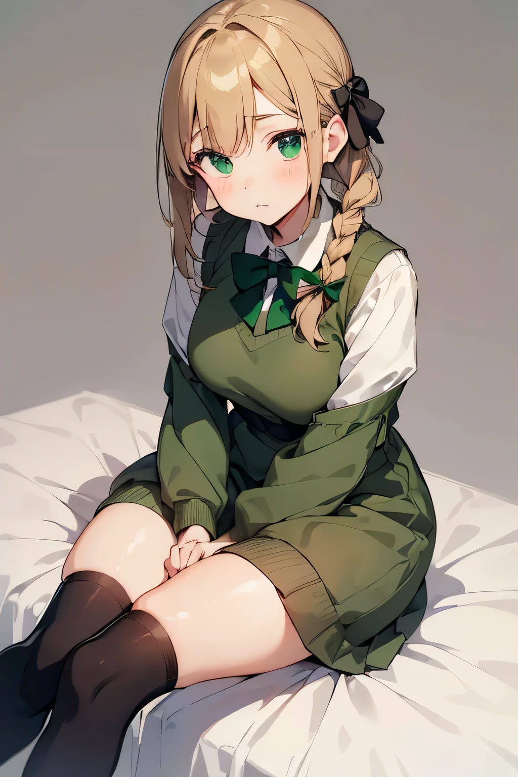 ((Please write in an anime style)),a girl in uniform with shoulder-length khaki hair in braid ,(She is wearing a white blouse with a green bow tie and a dark green jumper dress)1.4,(black thigh-high socks)1.4 , brown shoes,glamorous, rotund, 14-year-old ,with clean lines and soft coloring